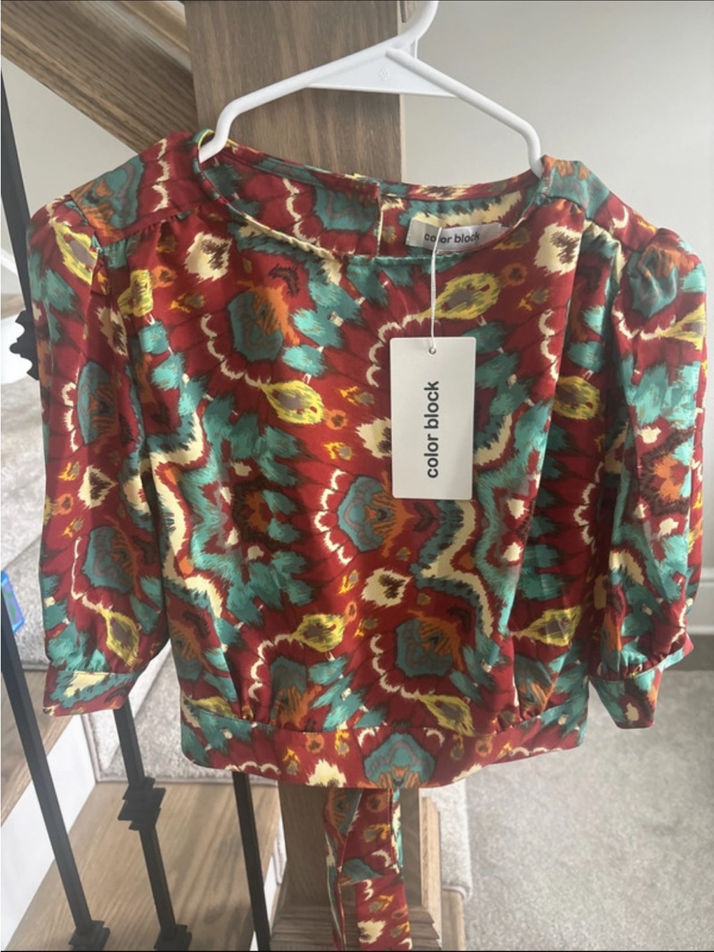Color Block Women's Red Multicolor Printed Blouse with Teal Accents